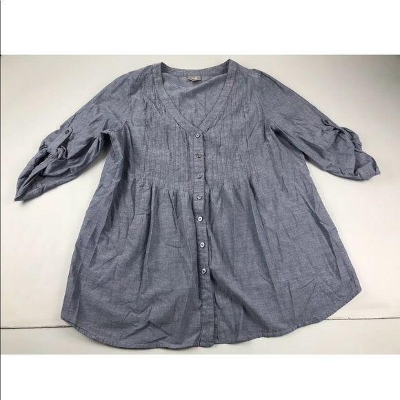 J. Jill Blue V Neck Button Blouse Roll Tab Size L - Picture 1 of 6